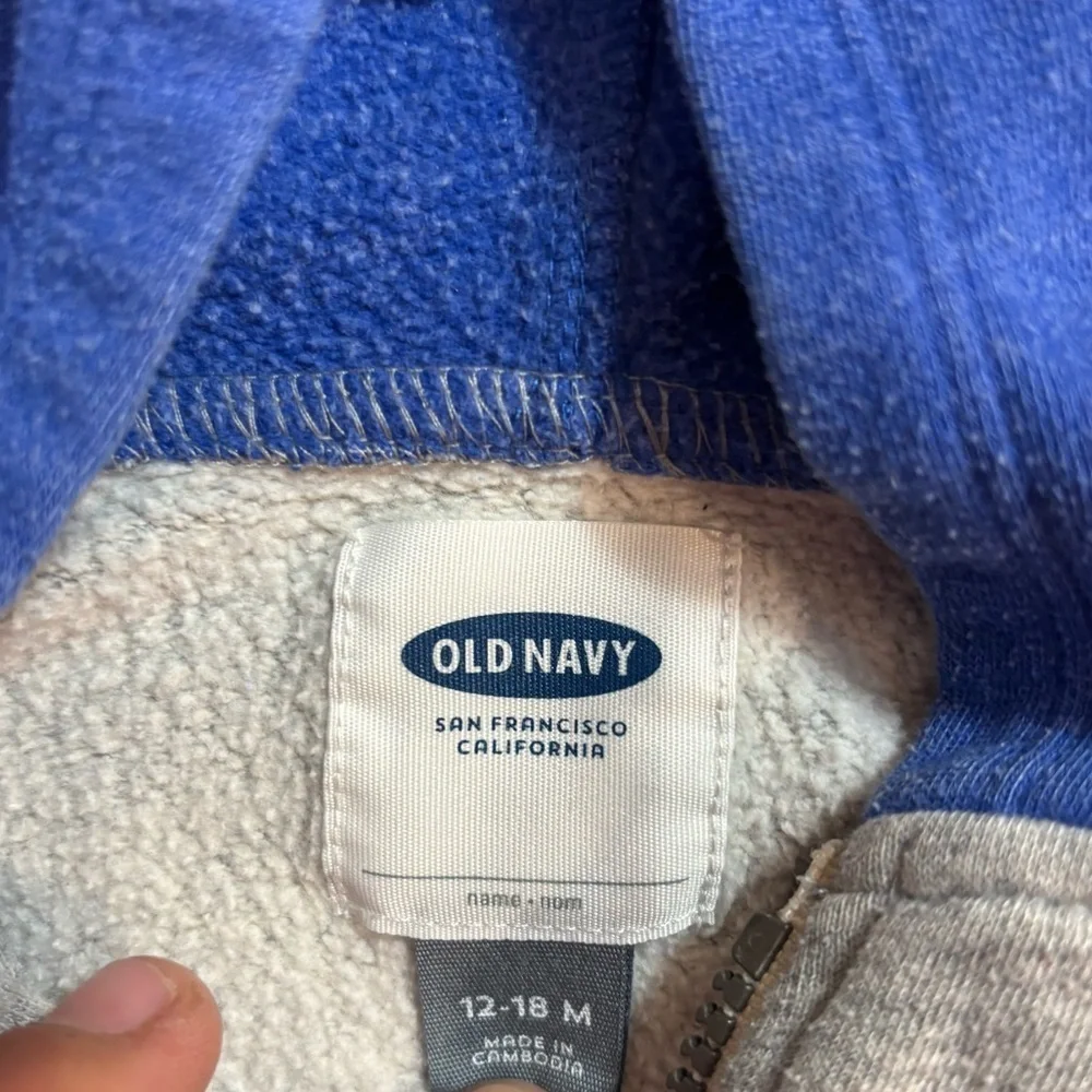 Old Navy Blue and White Fleece zip up Jacket sweatshirt with hood. 18 months